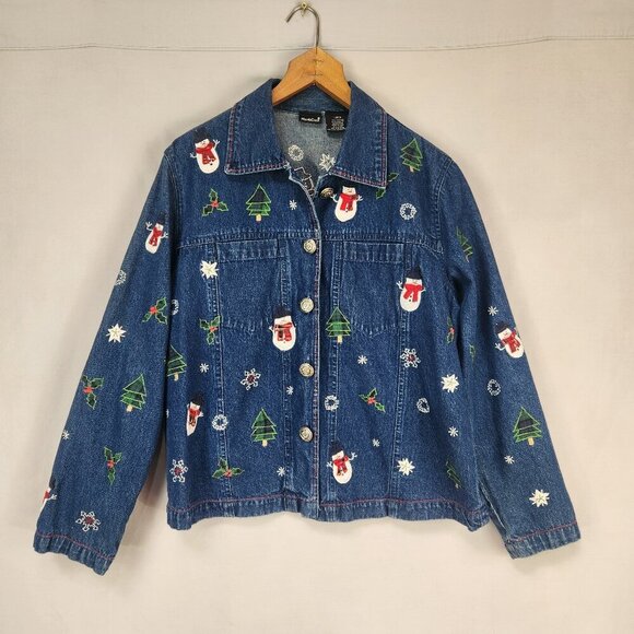 North Crest Denim Christmas Holiday Jacket Women's L Blue Button Up Snowman - Picture 1 of 6